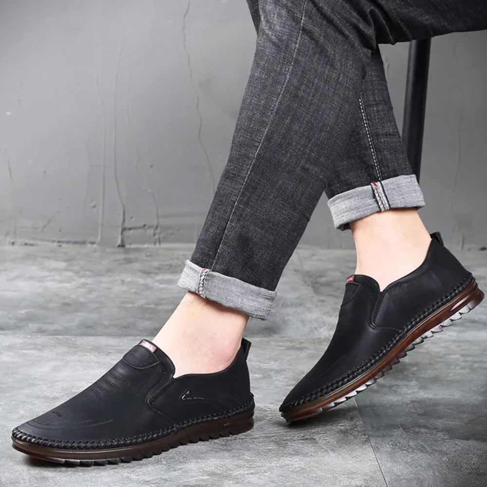 Black Men's soft sole stitched breathable casual Loafer shoes